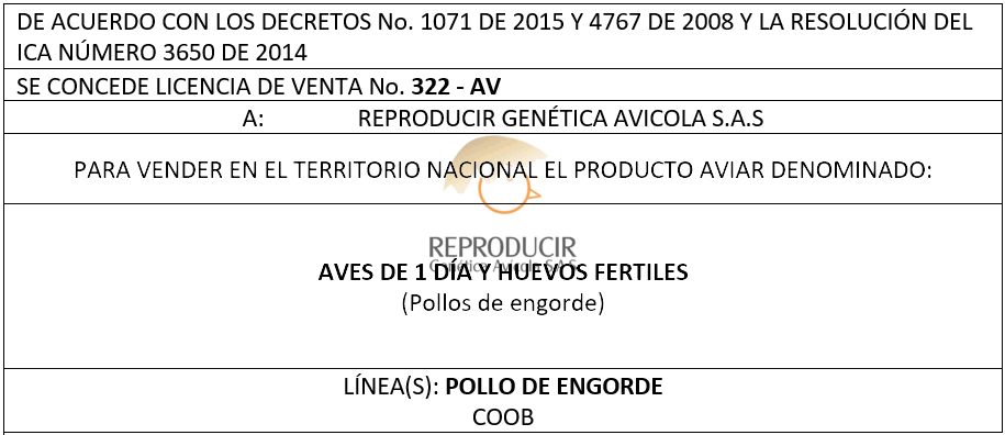 Licencia de venta de pollito y huevos fertiles